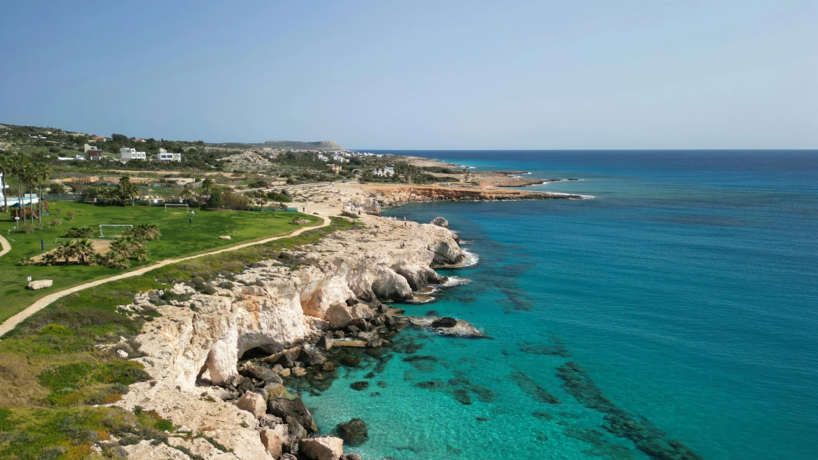 Aerial view of Ayia Napa coastline for scenic car rental road trip